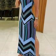 Women's Sleeveless Maxi Dress Geometric Print Stretchy Comfortable Casual Summer Long Length Side Slit Spring Clothing