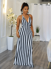 Women's Striped V-neck Halter Dress Backless Design for Spring & Summer Sexy Slip Dress 100% Polyester