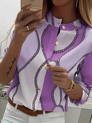 Women's Trendy Boho Chain Print Blouse Rollable Sleeves Stand Collar Durable Non-Sheer Easy Care Top for Spring/Summer/Fall