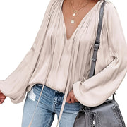 Women's Satin V-Neck Long Sleeve Blouse Casual Lantern Sleeve Top Solid Color Polyester Spandex Blend Woven Shirt for All Seasons