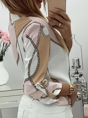 Women's Trendy Boho Chain Print Blouse Rollable Sleeves Stand Collar Durable Non-Sheer Easy Care Top for Spring/Summer/Fall