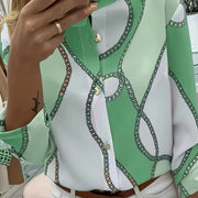 Women's Trendy Boho Chain Print Blouse Rollable Sleeves Stand Collar Durable Non-Sheer Easy Care Top for Spring/Summer/Fall