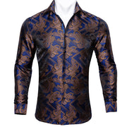 Barry.Wang Teal Paisley Floral Silk  Autumn Long Sleeve Casual Flower Designer Fit Dress Shirt