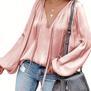Women's Satin V-Neck Long Sleeve Blouse Casual Lantern Sleeve Top Solid Color Polyester Spandex Blend Woven Shirt for All Seasons