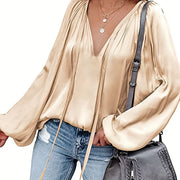 Women's Satin V-Neck Long Sleeve Blouse Casual Lantern Sleeve Top Solid Color Polyester Spandex Blend Woven Shirt for All Seasons