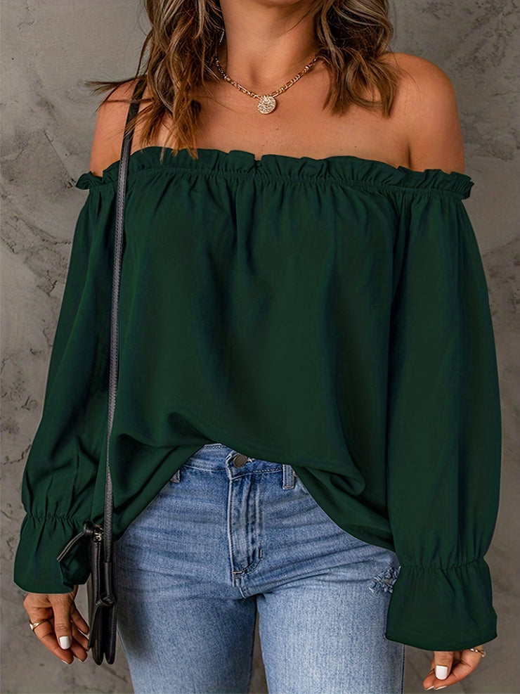 Flirty Off Shoulder Ruffle Trim Blouse - Soft & Flowy Long Sleeve Top for Spring & Fall - Womens Casual Daily Wear