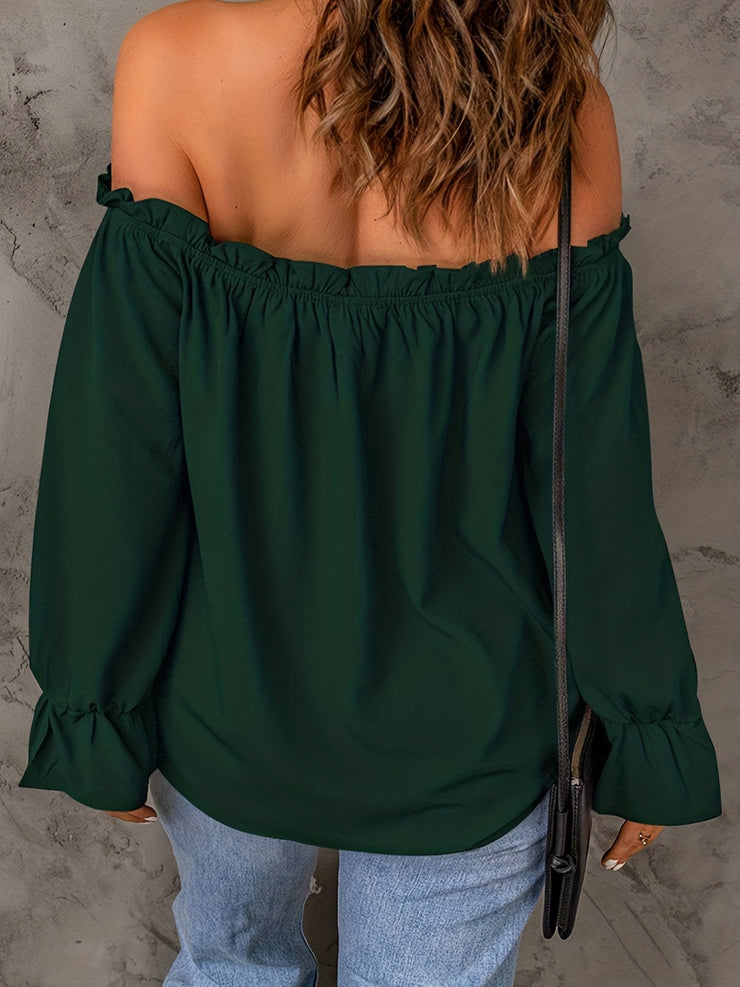 Flirty Off Shoulder Ruffle Trim Blouse - Soft & Flowy Long Sleeve Top for Spring & Fall - Womens Casual Daily Wear