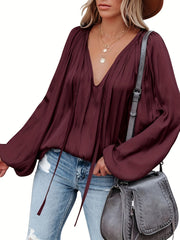 Women's Satin V-Neck Long Sleeve Blouse Casual Lantern Sleeve Top Solid Color Polyester Spandex Blend Woven Shirt for All Seasons