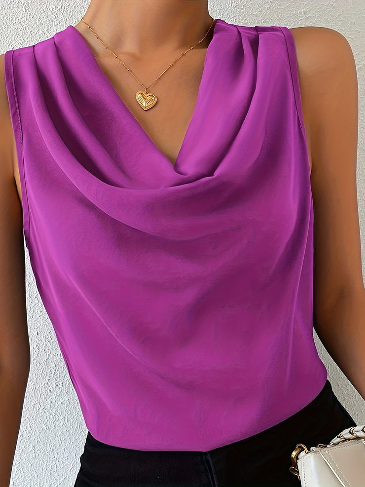 Chic Sleeveless Cowl Neck Blouse for Women Elegant Draped Top Solid Color Casual Wear Polyester Spring/Summer Fashion