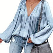 Women's Satin V-Neck Long Sleeve Blouse Casual Lantern Sleeve Top Solid Color Polyester Spandex Blend Woven Shirt for All Seasons