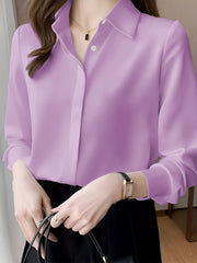 Women's 100% Polyester Long Sleeve Blouse Solid Color Non-Stretch Woven Lapel Collar Professional Business Shirt Sexy Anti-Wrinkle