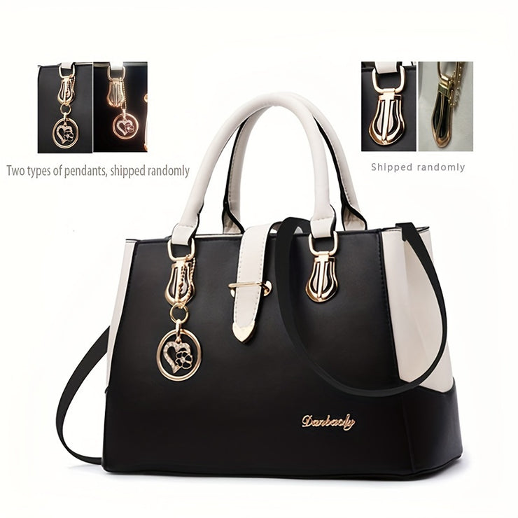Elegant Double Handle Shoulder Bag for Women with Letter Detail Simple Large Handbag Zippered Removable Strap Work Accessory