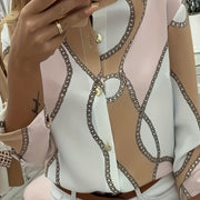 Women's Trendy Boho Chain Print Blouse Rollable Sleeves Stand Collar Durable Non-Sheer Easy Care Top for Spring/Summer/Fall