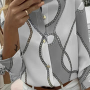 Women's Trendy Boho Chain Print Blouse Rollable Sleeves Stand Collar Durable Non-Sheer Easy Care Top for Spring/Summer/Fall