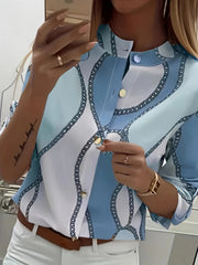 Women's Trendy Boho Chain Print Blouse Rollable Sleeves Stand Collar Durable Non-Sheer Easy Care Top for Spring/Summer/Fall