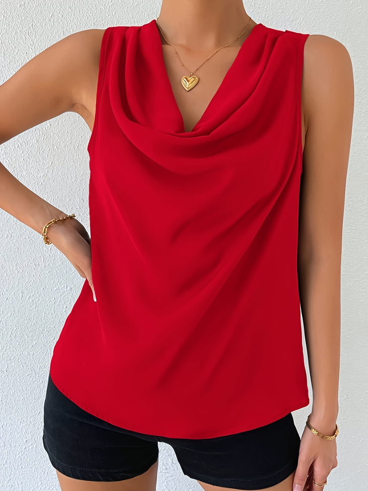 Chic Sleeveless Cowl Neck Blouse for Women Elegant Draped Top Solid Color Casual Wear Polyester Spring/Summer Fashion