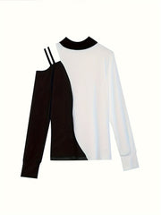 Women's Off-Shoulder Color Block Top Black White Contrast Long Sleeve Casual Shirt Pearl Accents Medium Stretch Machine-Washable