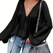 Women's Satin V-Neck Long Sleeve Blouse Casual Lantern Sleeve Top Solid Color Polyester Spandex Blend Woven Shirt for All Seasons