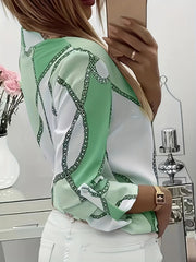 Women's Trendy Boho Chain Print Blouse Rollable Sleeves Stand Collar Durable Non-Sheer Easy Care Top for Spring/Summer/Fall