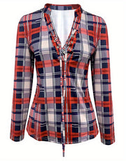 Women's Plaid Print Long Sleeve V Neck Blouse Comfortable Polyester Blend Drawstring Detailing Regular Fit Casual Top