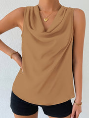 Chic Sleeveless Cowl Neck Blouse for Women Elegant Draped Top Solid Color Casual Wear Polyester Spring/Summer Fashion