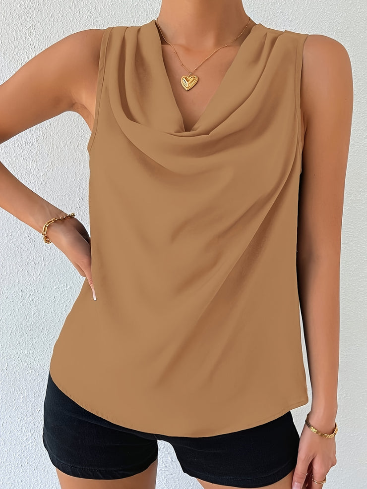 Chic Sleeveless Cowl Neck Blouse for Women Elegant Draped Top Solid Color Casual Wear Polyester Spring/Summer Fashion