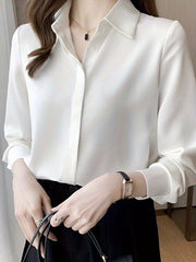 Women's 100% Polyester Long Sleeve Blouse Solid Color Non-Stretch Woven Lapel Collar Professional Business Shirt Sexy Anti-Wrinkle
