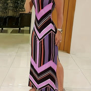 Women's Sleeveless Maxi Dress Geometric Print Stretchy Comfortable Casual Summer Long Length Side Slit Spring Clothing