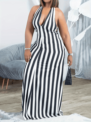 Women's Striped V-neck Halter Dress Backless Design for Spring & Summer Sexy Slip Dress 100% Polyester