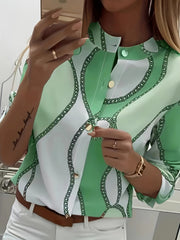 Women's Trendy Boho Chain Print Blouse Rollable Sleeves Stand Collar Durable Non-Sheer Easy Care Top for Spring/Summer/Fall