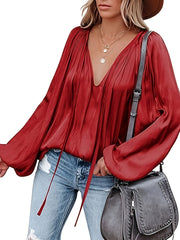 Women's Satin V-Neck Long Sleeve Blouse Casual Lantern Sleeve Top Solid Color Polyester Spandex Blend Woven Shirt for All Seasons