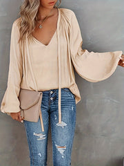 Women's Satin V-Neck Long Sleeve Blouse Casual Lantern Sleeve Top Solid Color Polyester Spandex Blend Woven Shirt for All Seasons