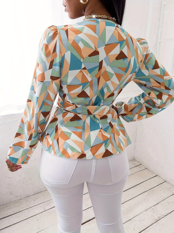 Chic Belted Blouse for Women - Teal Blue/Brown/Orange/Beige/White/Gray/Black Non-See-Through Office to Party Shirt with Adjustable Waist Tie Machine Washable Casual Wear Deep Vneck Breathable Material