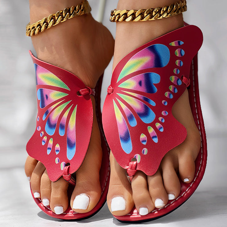 Butterfly Print Round Toe Flip Flops, Comfortable Summer Beach Shoes, Casual Women&