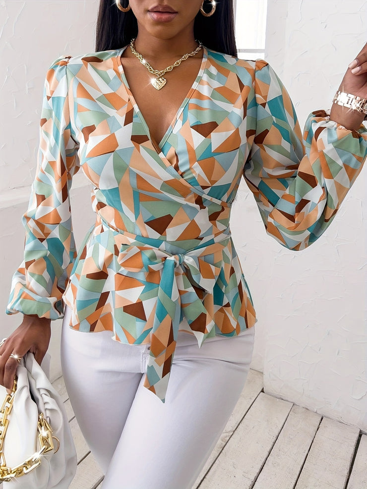Chic Belted Blouse for Women - Teal Blue/Brown/Orange/Beige/White/Gray/Black Non-See-Through Office to Party Shirt with Adjustable Waist Tie Machine Washable Casual Wear Deep Vneck Breathable Material