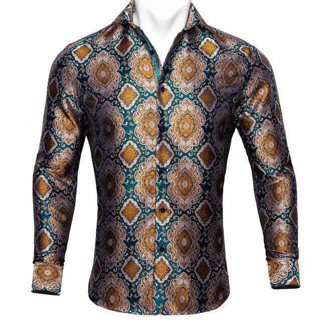 Barry.Wang Teal Paisley Floral Silk  Autumn Long Sleeve Casual Flower Designer Fit Dress Shirt