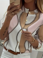 Women's Trendy Boho Chain Print Blouse Rollable Sleeves Stand Collar Durable Non-Sheer Easy Care Top for Spring/Summer/Fall