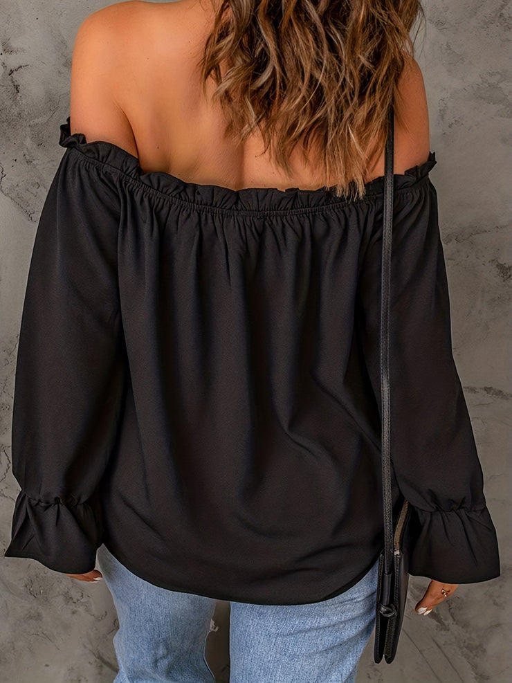 Flirty Off Shoulder Ruffle Trim Blouse - Soft & Flowy Long Sleeve Top for Spring & Fall - Womens Casual Daily Wear
