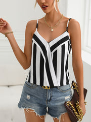 Elegant V-Neck Women's Geometric Cami Top Chic Striped Sleeveless Blouse Breezy Slingback Tank for Summer 100% Polyester