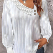Women's plus Size Casual Blouse Long Sleeve V-Neck Solid Color Button Decor Irregular Hem Top Machine Washable Polyester
