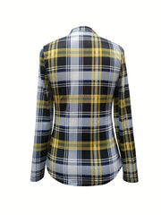 Women's Casual Long Sleeve V Neck Plaid Print Blouse Drawstring Detailing Comfortable Polyester Blend Regular Fit Top