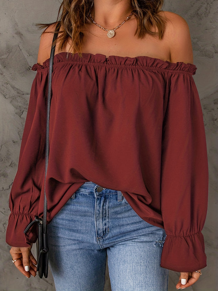 Flirty Off Shoulder Ruffle Trim Blouse - Soft & Flowy Long Sleeve Top for Spring & Fall - Womens Casual Daily Wear