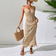 Cutout Sling Long Dress Slim-fit Tassel Beach Sleeveless Knitted V-neck