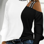 Women's Off-Shoulder Color Block Top Black White Contrast Long Sleeve Casual Shirt Pearl Accents Medium Stretch Machine-Washable