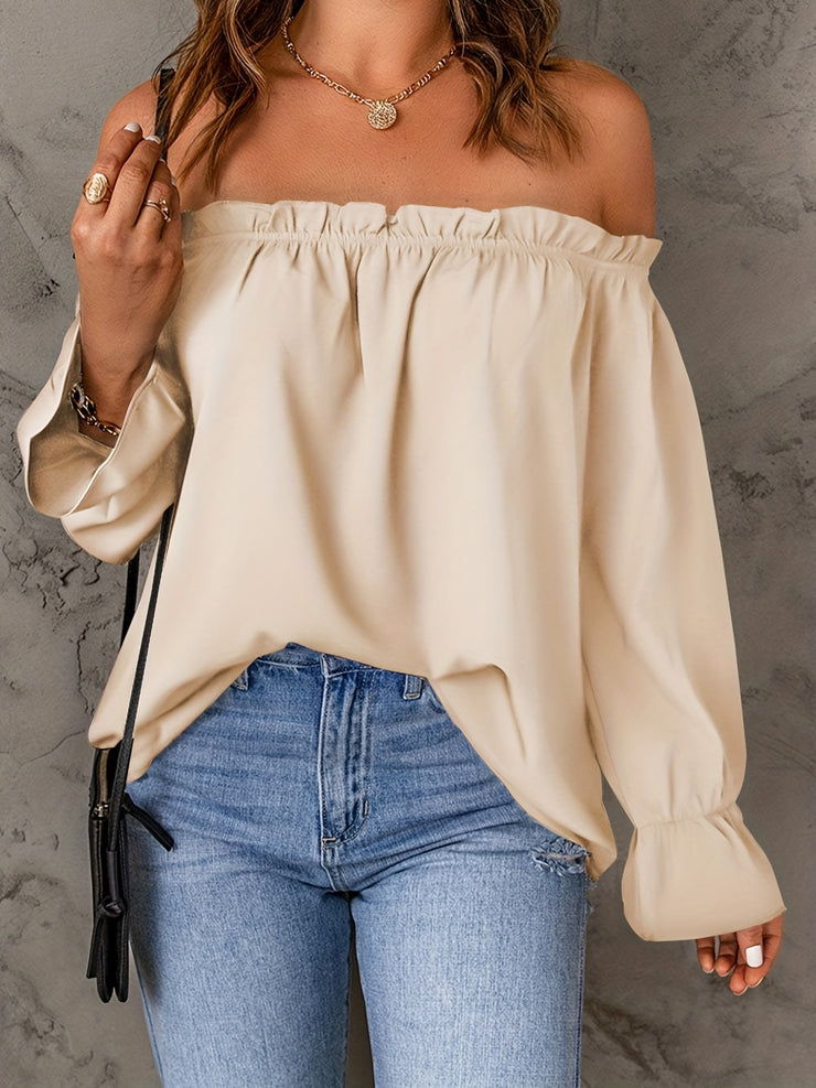 Flirty Off Shoulder Ruffle Trim Blouse - Soft & Flowy Long Sleeve Top for Spring & Fall - Womens Casual Daily Wear