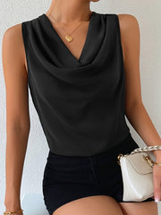 Chic Sleeveless Cowl Neck Blouse for Women Elegant Draped Top Solid Color Casual Wear Polyester Spring/Summer Fashion