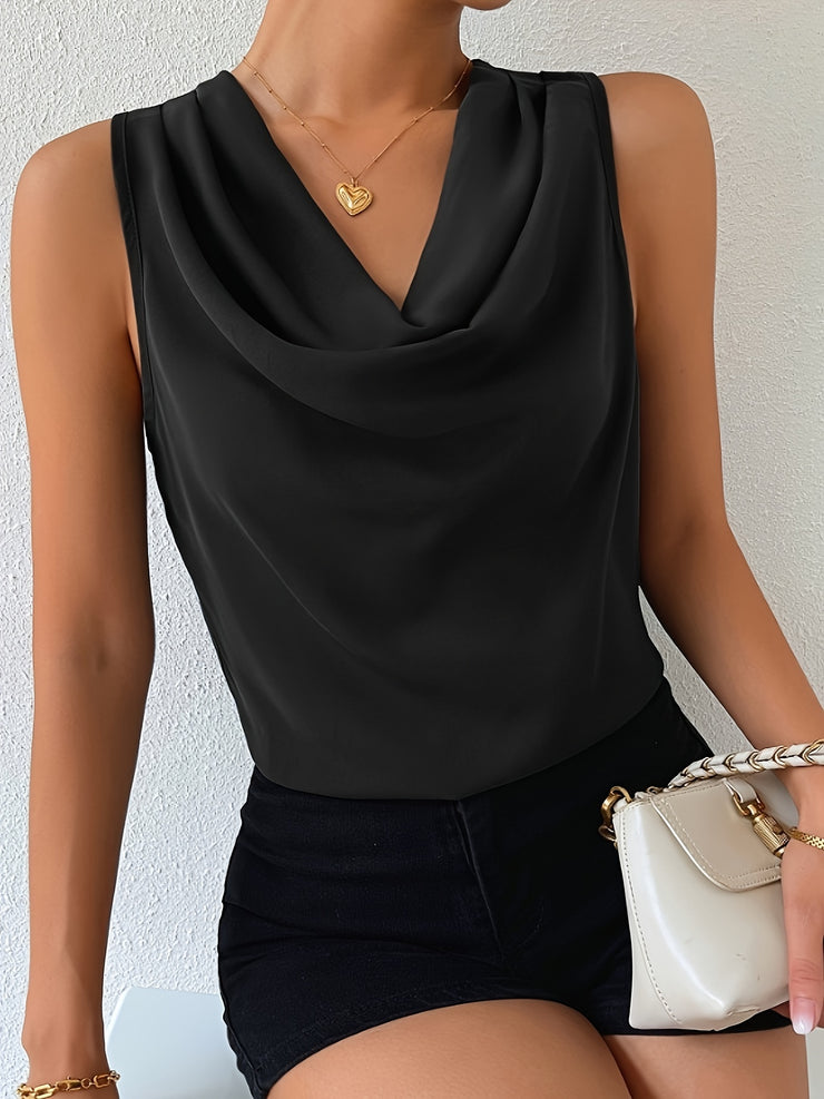 Chic Sleeveless Cowl Neck Blouse for Women Elegant Draped Top Solid Color Casual Wear Polyester Spring/Summer Fashion