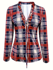 Women's Casual Long Sleeve V Neck Plaid Print Blouse Drawstring Detailing Comfortable Polyester Blend Regular Fit Top