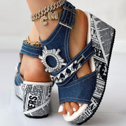 Newspaper Buckle Denim Wedge Slides - Anklet Not Included