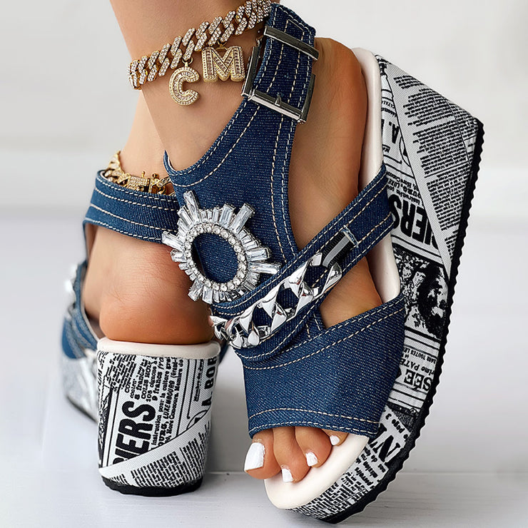 Newspaper Buckle Denim Wedge Slides - Anklet Not Included